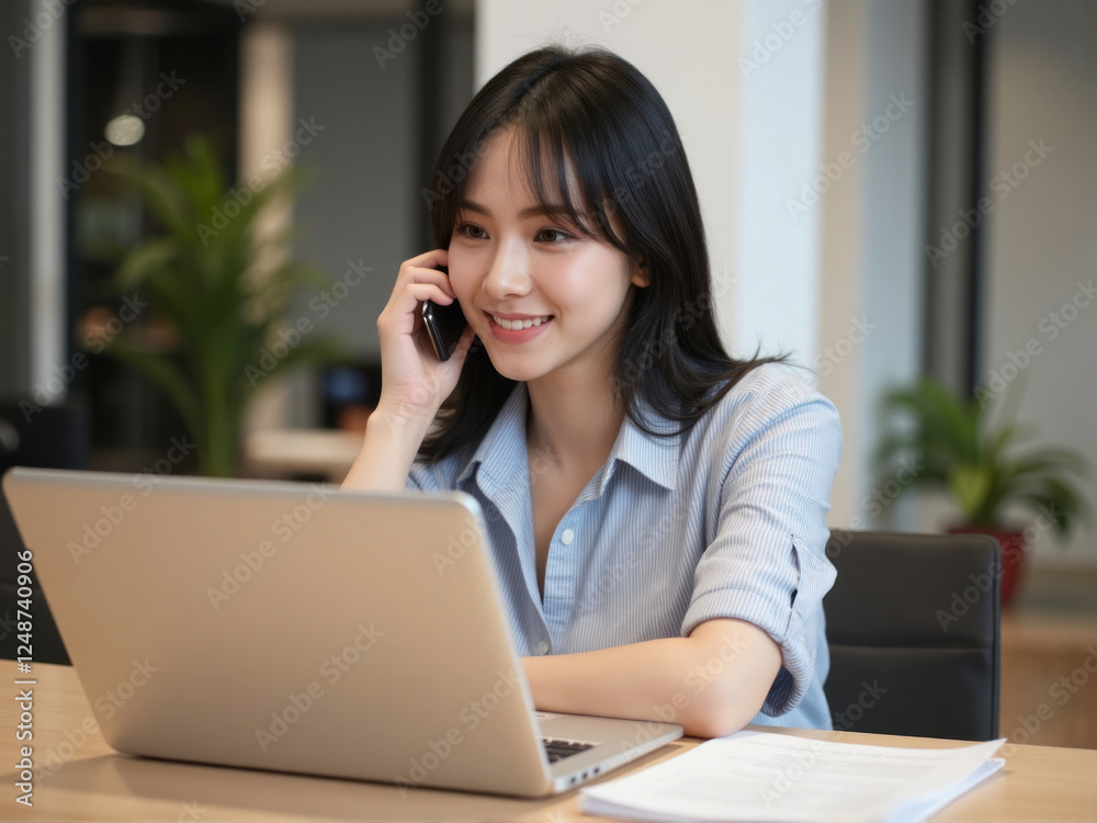 woman with medium black hair at her desk in an office, talking on the phone while checking inventory updates and delivery schedules on her laptop. She is coordinating courier services and managing eco woman with medium black hair at her desk in an office, talking on the phone while checking inventory updates and delivery schedules on her laptop. She is coordinating courier services and managing eco