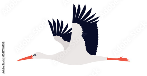 White stork bird. Flying in the sky bird - long neck, red beak, wings spread. Simplicity vector illustration, isolated on white background.