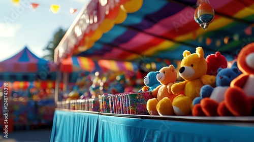 Carnival game booth with stuffed animal prizes, colorful striped tents, nostalgic and lively fairground setting