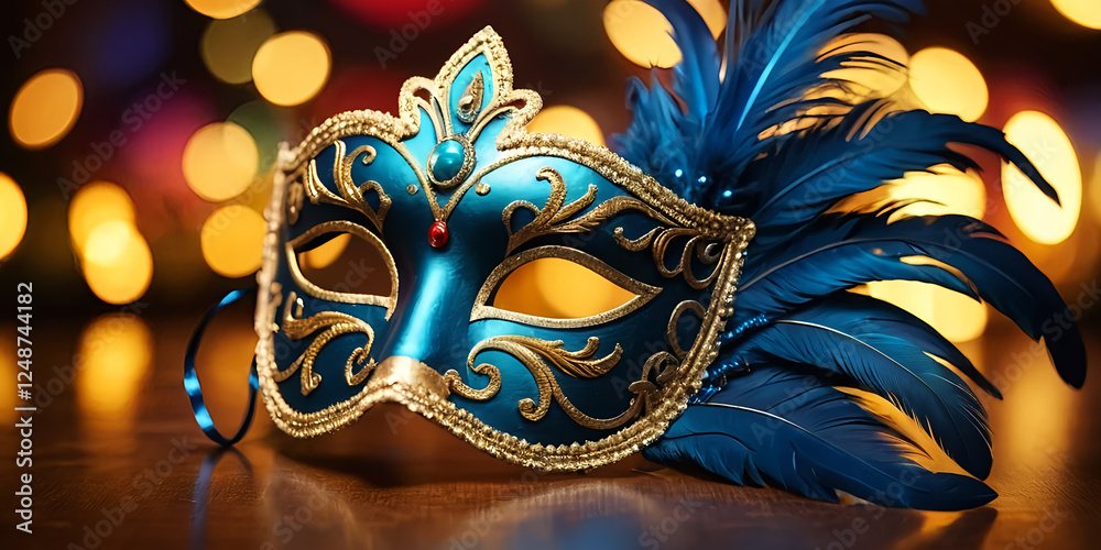 Naklejka premium Elegant Blue Mask with Feathers and Sparkling Decor for Parties