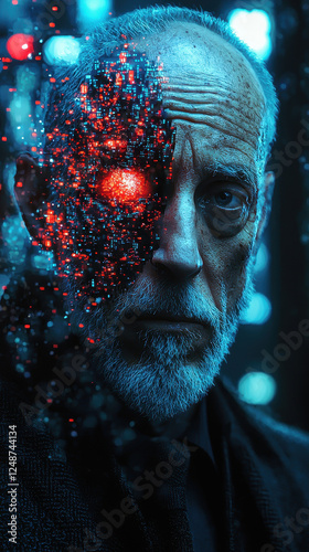 Middle-aged man in a cybernetic city experiences a digital identity shift with a holographic avatar merging with his face, illuminated by neon lights