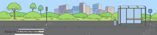 Crosswalk and bus stop street road graphic color city long landscape sketch illustration vector