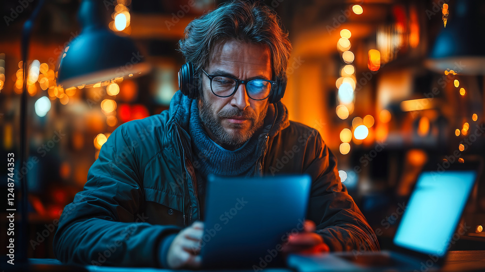 Man Using Tablet for Voice-to-Text Technology in Cozy Office Environment with Headphones Man Using Tablet for Voice-to-Text Technology in Cozy Office Environment with Headphones
