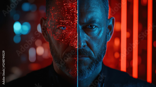 Middle-aged man in a dark cybernetic city showcasing a digital identity shift with his face morphing into an AI-generated avatar amid futuristic neon contrasts