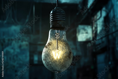 Old hanging light bulb with dim glow in an industrial, gritty setting photo