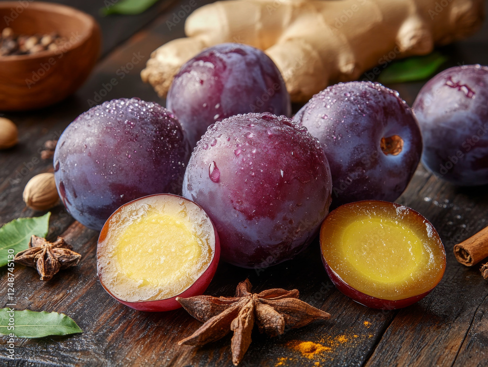 Plum Perfection: Shiny Purple Fruits Adorned with Dewdrops