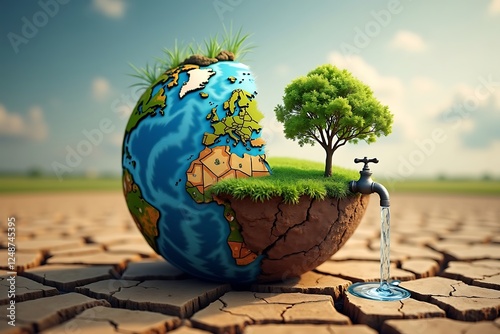 Cracked Earth Transitioning to Green Globe with Water Faucet Symbolizing Conservation Awareness