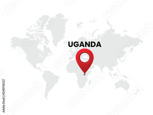World map with country  Uganda on White Background. Uganda Highlighted with Location Symbol. Vector Illustration of Map and Pin Location of Uganda Country.