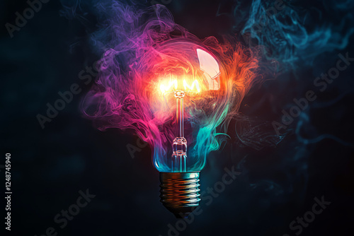 Glowing light bulb surrounded by vibrant colorful smoke representing creativity and inspiration photo