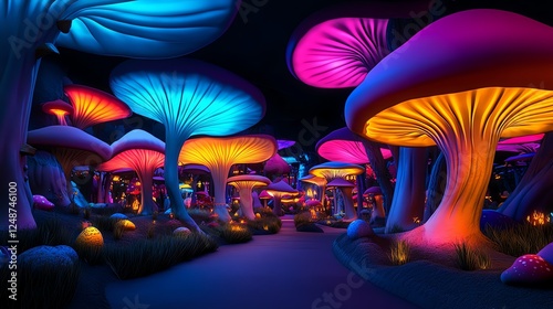 Fantasy forest amusement park section, glowing mushrooms, enchanted pathways, magical and storybooklike wonderland photo