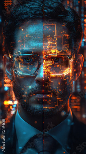 Serious businessman in high-tech setting with half face as glowing holographic avatar showcases a cybernetic identity crisis in a digital future