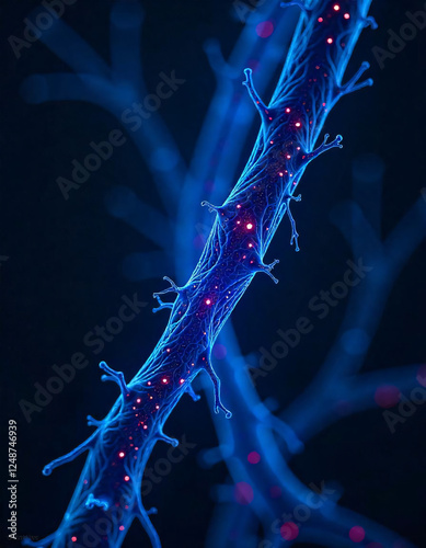 Glowing nerve fiber with synaptic connections, biomedical visualization