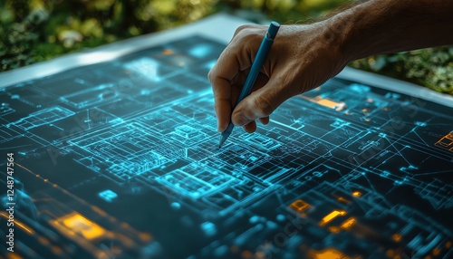 A hand sketching an ecofriendly blueprint with futuristic renewable energy designs, watersaving technologies, and environmental harmony, cinematic focus, intricate details photo