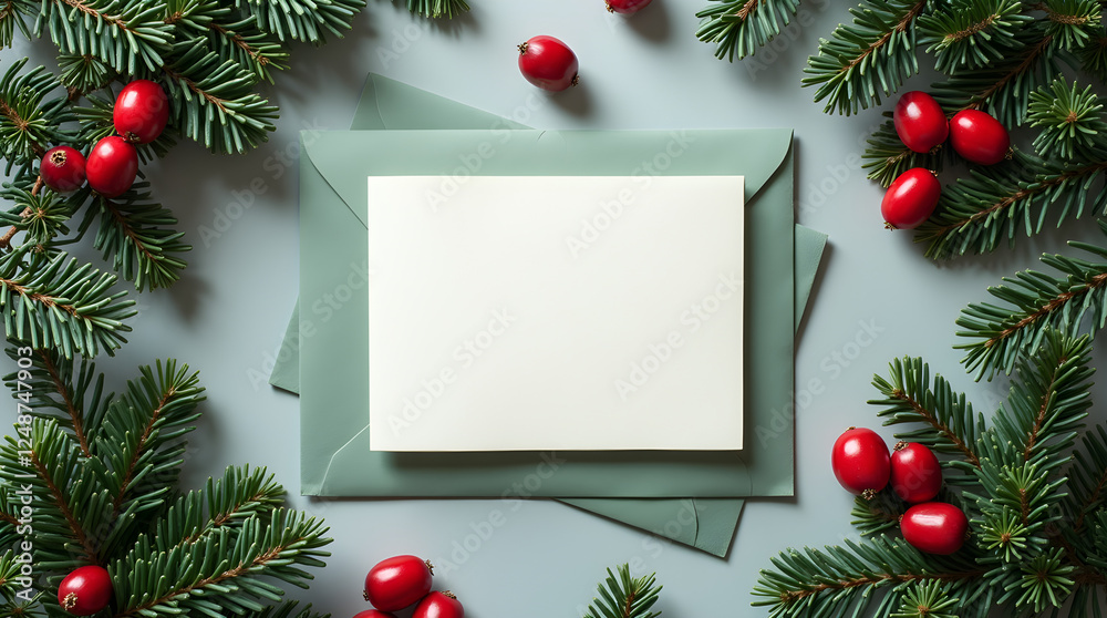 Obraz premium Christmas Card Mockup with Evergreen Branches and Red Berries. Holiday Greeting Card Template. Festive Flat Lay. Winter Stationery Design.