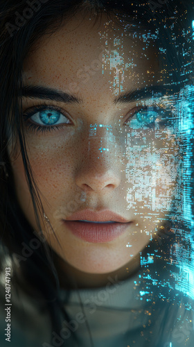 Stylish woman merges with vibrant pixelated avatar in a futuristic cyber-world featuring high-tech lighting and a cinematic design