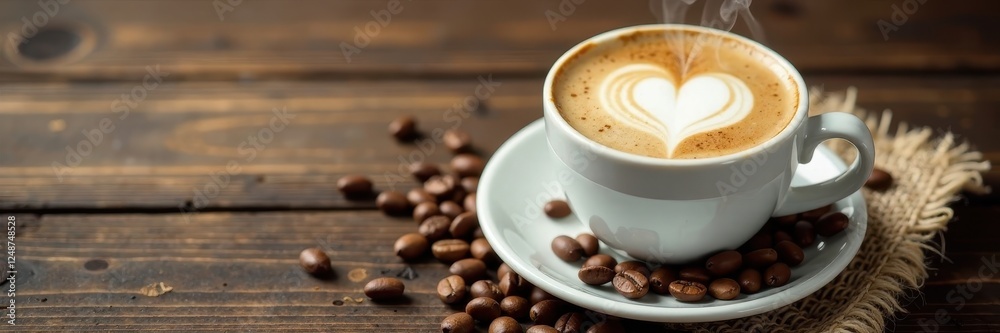 White coffee cup, heart steam, rustic wood, burlap, beans, cozy, food, close up White coffee cup, heart steam, rustic wood, burlap, beans, cozy, food, close up