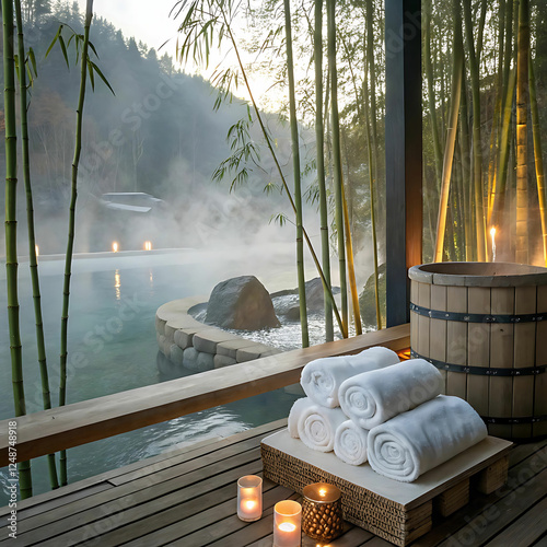 Serene outdoor spa with bamboo, hot springs, and candles