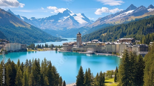 The serene St. Moritz with its turquoise lake, pristine mountains, and luxury resorts, perfect for both winter and summer getaways.