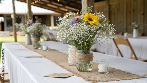 Wallpaper Mural Rustic-chic wedding table with baby's breath and wildflowers, burlap, twinkle lights, wildflower, country-inspired, wooden utensils Torontodigital.ca