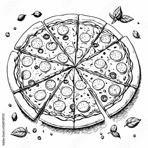Pizza Food Meal Menu Dish Delicious Cuisine Eat Sketch Style
