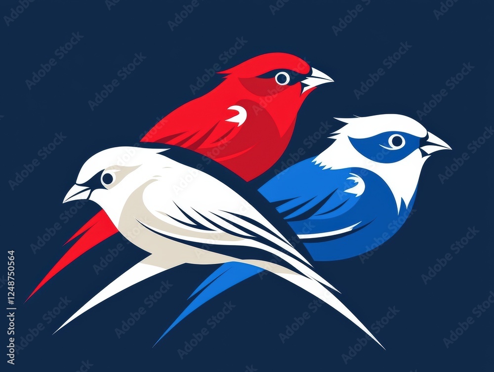 Fototapeta premium Colorful Illustration of Birds in Red, White, and Blue Against a Dark Background for Creative Use