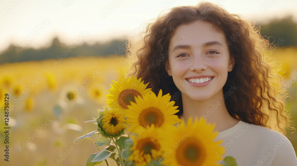 A woman with curly hair smiling while holding a bouquet of sunflowers in a sunny field A woman with curly hair smiling while holding a bouquet of sunflowers in a sunny field