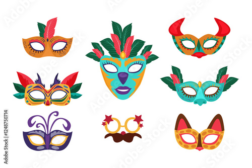 Vector set of colorful carnival masks. Collection of ethnic elements of carnival costume. for the Mardi Gras holiday. Animalistic masks of a bull and a cat. Vector illustration. 

