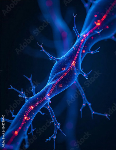 Intricate depiction of a neuron with illuminating synaptic transmission
