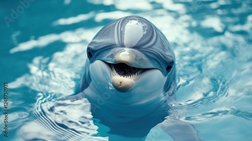 Happy dolphin swimming pool, smiling, water ripples background, marine animal stock photo