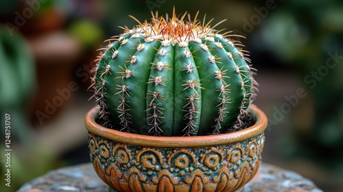 Vibrant cactus in a decorative pot, showcasing intricate patterns, set in a lush garden background