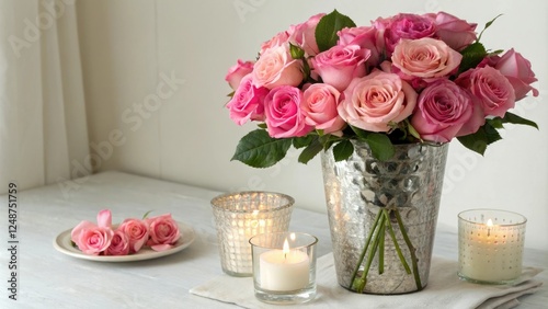 Wallpaper Mural Pink Roses in a Mercury Glass Vase with Burning Candles, artistic still life, purple roses, elegant table setting Torontodigital.ca