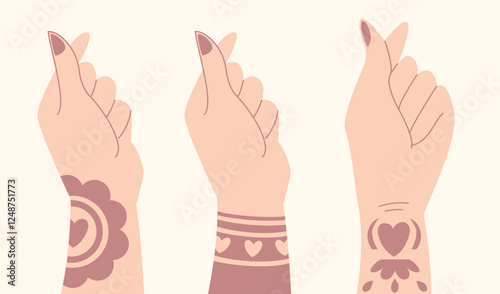 Set of tattoed hands making korean heart gesture, love sign