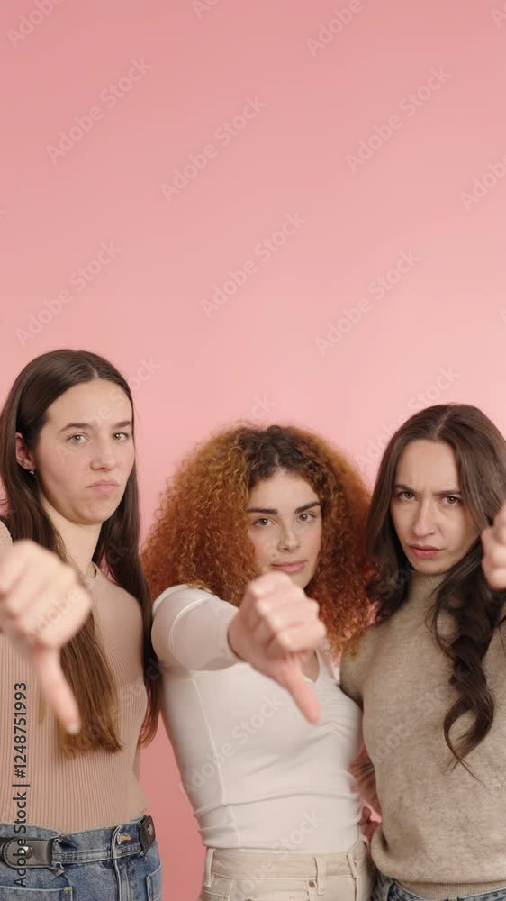 Young women showing thumbs down on pink background Young women showing thumbs down on pink background