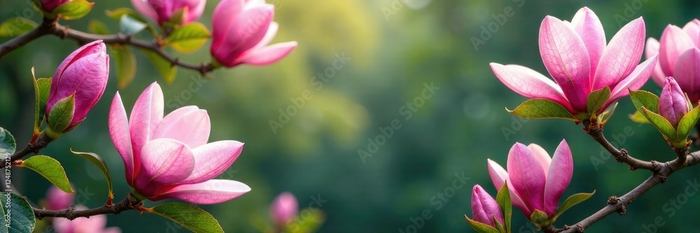 Pink and green leaves with scattered white magnolias, , foliage Pink and green leaves with scattered white magnolias, , foliage