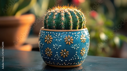 Vibrant cactus in decorative pot with floral patterns, set against a blurred garden background
