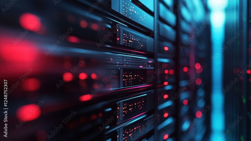 High tech data center showcasing rows of servers with vibrant red and blue led lights. The scene emphasizes modern technology, connectivity, and digital infrastructure High tech data center showcasing rows of servers with vibrant red and blue led lights. The scene emphasizes modern technology, connectivity, and digital infrastructure
