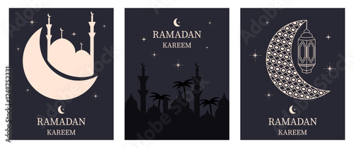 Set of background for the blessed holiday of Ramadan Kareem. Eid Mubarak. Arabic postcard. Islamic traditional holiday. Palm trees. Moon and stars. Hijri. 1445. Culture. Saint