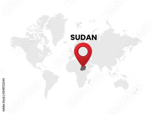 World map with country  Sudan on White Background. Sudan Highlighted with Location Symbol. Vector Illustration of Map and Pin Location of Sudan Country.
