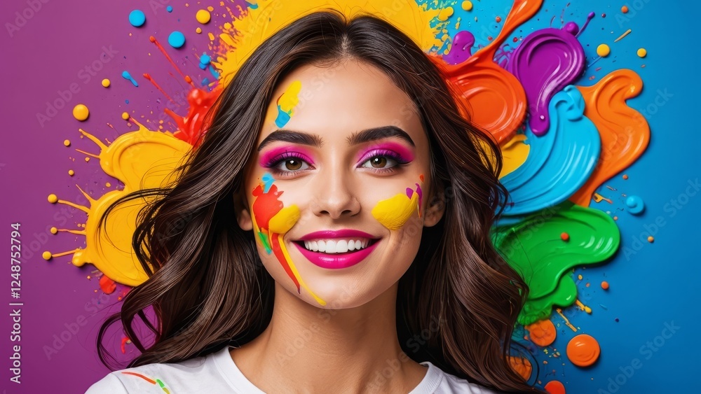 Obraz premium A smiling woman with colorful paint on her face, surrounded by vibrant paint splashes
