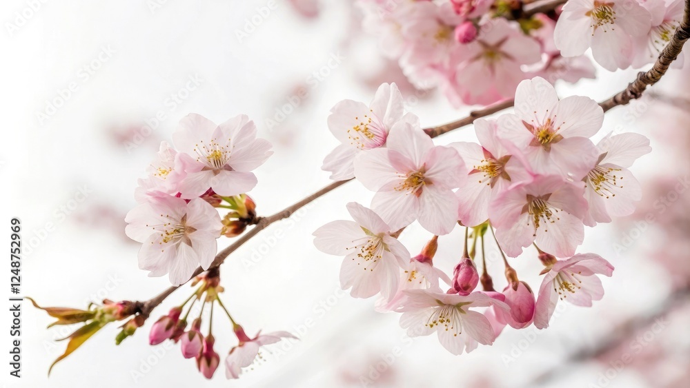 Pastel pink cherry blossoms against a soft white background, tree, peaceful, spring, petals Pastel pink cherry blossoms against a soft white background, tree, peaceful, spring, petals