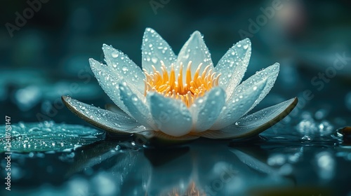 Serene water lily blooming amidst droplets on a tranquil pond, surrounded by lush greenery