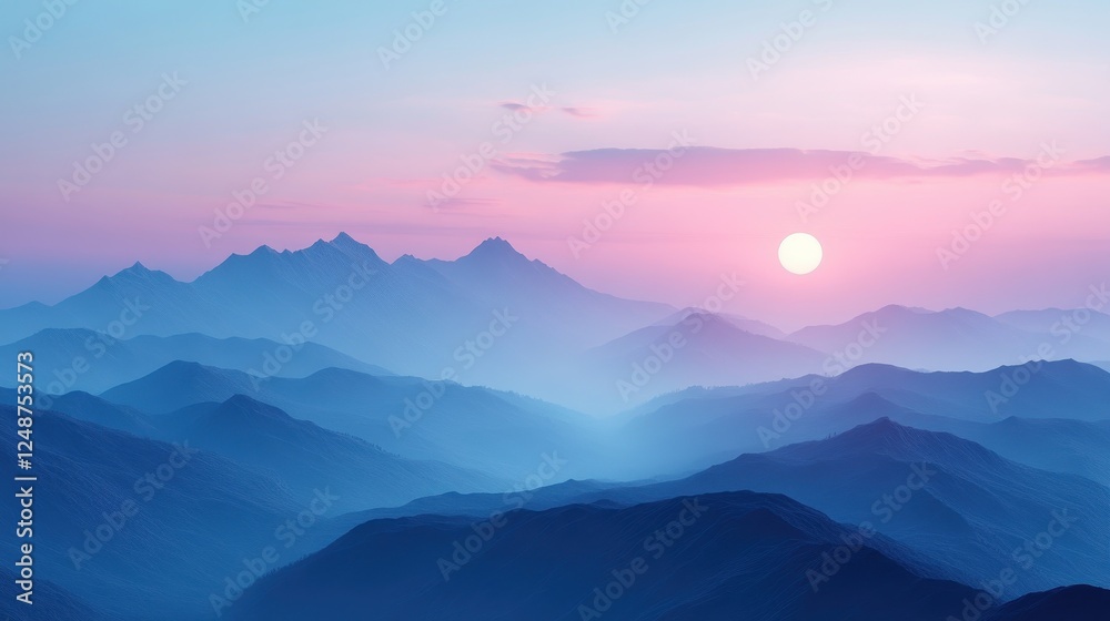 Obraz premium Pink sunset over misty blue mountains; serene landscape, ideal for travel/nature websites
