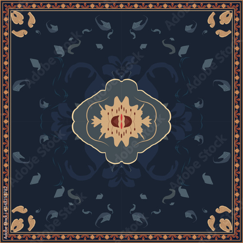 Ethnic rug pattern fabric pattern with contrasting colors in oriental ethnic style, vector design for background, wallpaper, rug, tile.