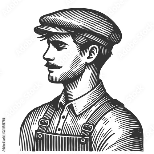 young working man wearing a flat cap and overalls, depicted in a classic vintage style with fine details sketch engraving generative ai vector illustration. Scratch board imitation. Black and white.