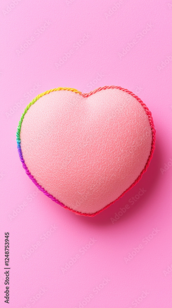 Heart shaped cushion with rainbow embroidery on pink background Heart shaped cushion with rainbow embroidery on pink background