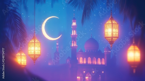 Ramadan Nightscape, A serene nightscape featuring a majestic mosque, illuminated by the warm glow of hanging lanterns, under a crescent moon, evokes a sense of peace and spirituality. 