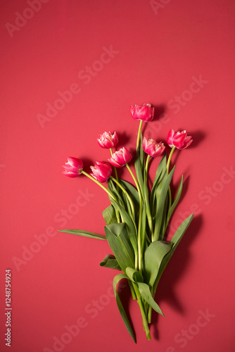 Beautiful bouquet of pink terry tulips. Spring and holiday concept