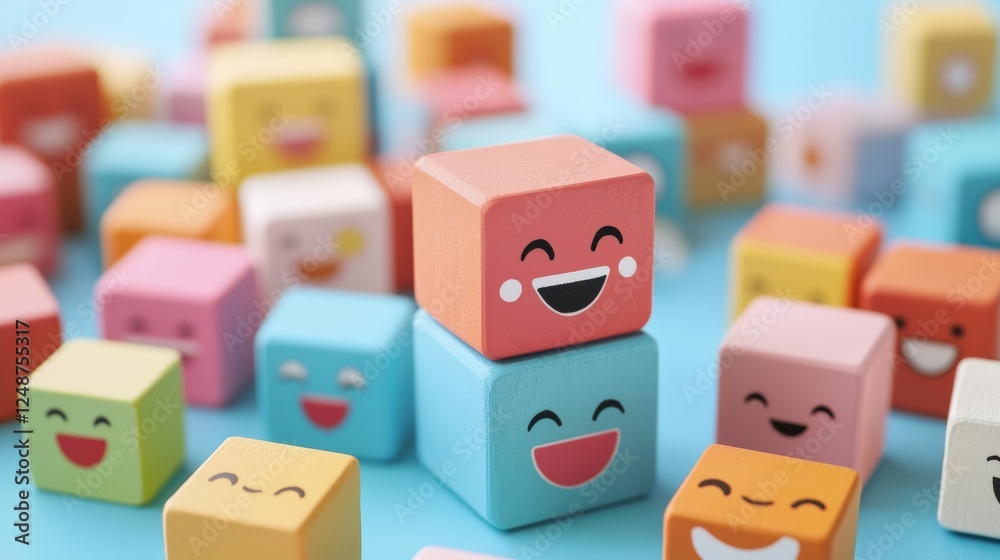 Obraz premium Joyful Colorful Blocks with Radiant Faces Conveying Emotions on a Vibrant Background