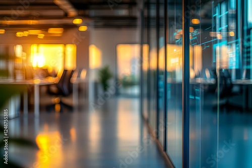 Modern office interior with glass walls and warm sunset lighting photo