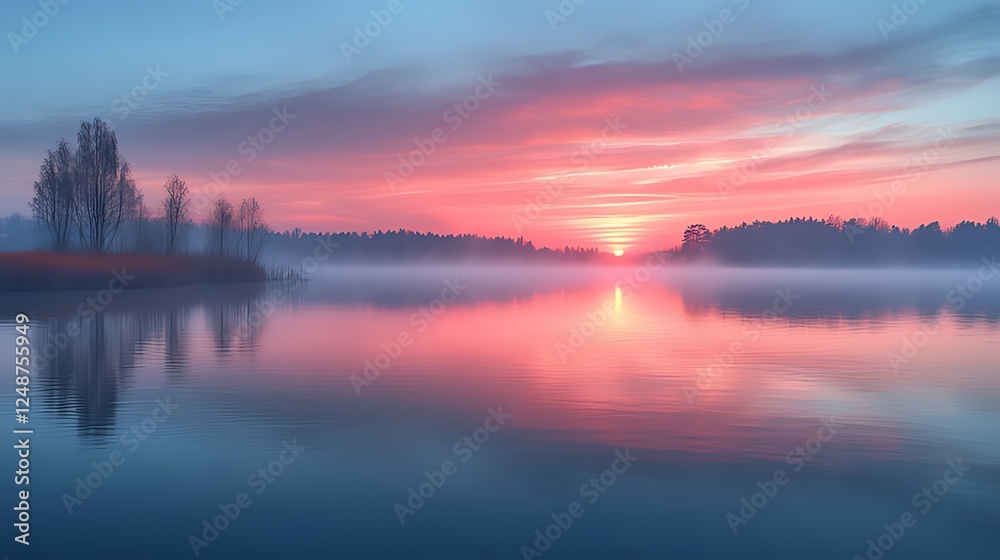 Obraz premium Pink sunrise over misty lake, trees reflected, calm water, nature scene
